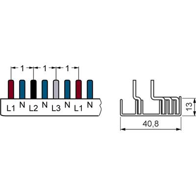 Diagramm einer elektrischen Steckerleiste mit 6 Anschlüssen, beschriftet mit 'L1, L2, N, L3, N, L1, N'. Seitenansicht zeigt Maße 40,8 x 13 mm.