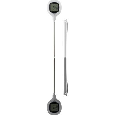 Digitales Küchenthermometer zeigt 24,6 Grad Celsius. Es hat eine lange Metallsonde und ein digitales Display, geeignet für Kochen.