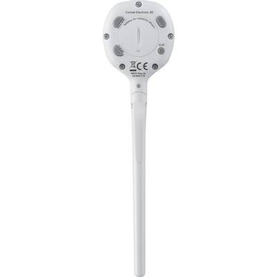 Ein weißer digitaler Bodenfeuchtigkeitssensor mit einer langen Sonde und Batteriefach, von Conrad Electronic SE.