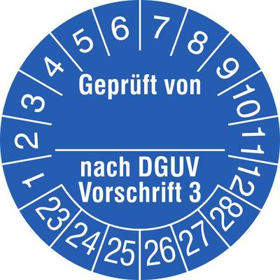 SafetyMarking 31.C2135_23-28 Prüfplakette Geprüft nach DGUV Vorschrift 3 2023-2028 Blau Folie selbstklebend (Ø) 3 cm 3 c