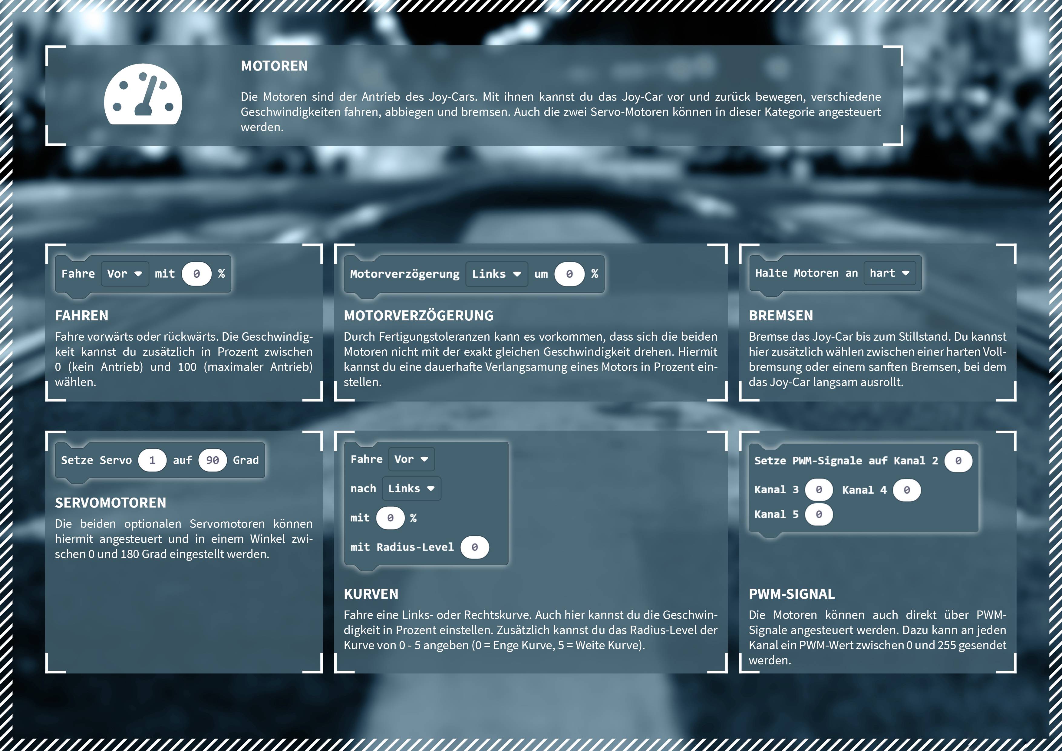 'Montage von Einstellungen für Jay-Car. Steuere Geschwindigkeit, Motorverzögerung, Bremse, Servomotoren, Kurven und PWM-Signal.'