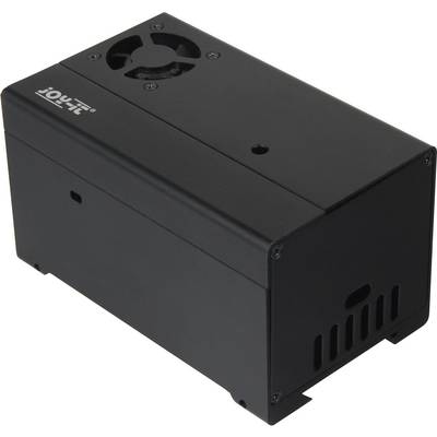 Ein schwarzes elektronisches Gerät mit Lüfter an der Oberseite und Lüftungsschlitzen an der Seite; möglicherweise ein technisches Gehäuse.