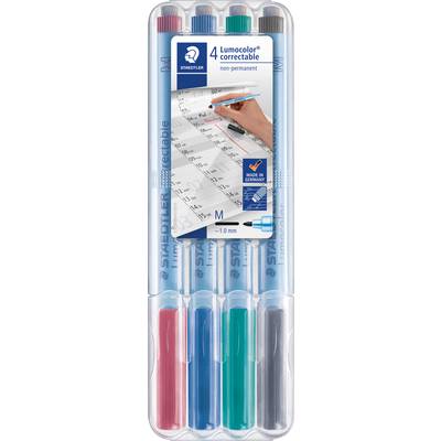 Vier non-permanente Lumocolor correctable Stifte in einer Kunststoffverpackung, Farben: Rot, Blau, Grün, Schwarz. Ideal für Folien.