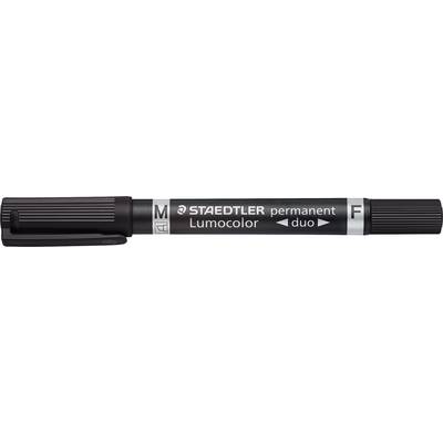 Ein schwarzer STAEDTLER Lumocolor Duo Permanent-Marker mit doppelter Spitze, beschriftet als 'M' (Medium) und 'F' (Fein).