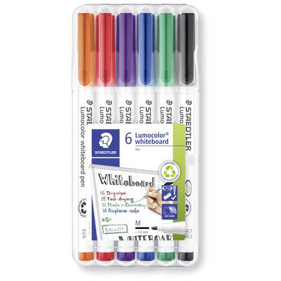 Sechs farbige Whiteboard-Marker von Staedtler, Farben: Orange, Rot, Grün, Blau, Violett, Schwarz. Verpackung beschreibt Funktionen wie schnelltrocknend und flugzeugtauglich.