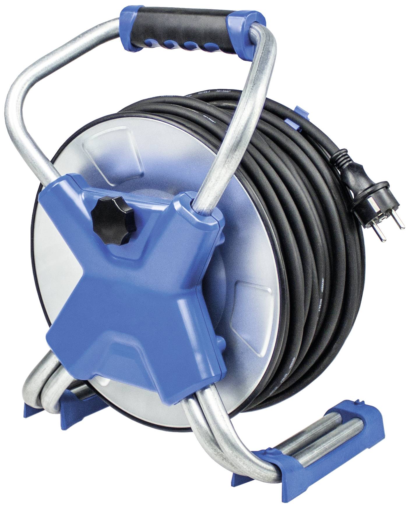 Schwarze Kabeltrommel mit blauem Gehäuse und Tragegriff, komplett aufgerollt, mit europäischem Stecker. Ideal für flexible Stromversorgung.