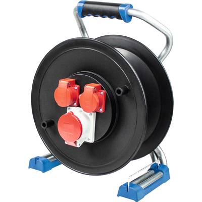 Schwarze Kabeltrommel mit rotem Stecker und blauem Griff, auf Füßen stehend. Geeignet für den Einsatz im Innen- oder Außenbereich.