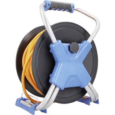 Ein blauer Schlauchwagen mit orangefarbenem Schlauch. Der Wagen hat einen Griff für den Transport und einen Drehknopf zur Schlauchkontrolle.