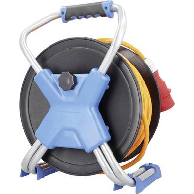 Ein tragbarer Kabeltrommel mit orangefarbenem Kabel, schwarzer Trommel und blauem Griff, geeignet für Stromanschlüsse auf Baustellen.