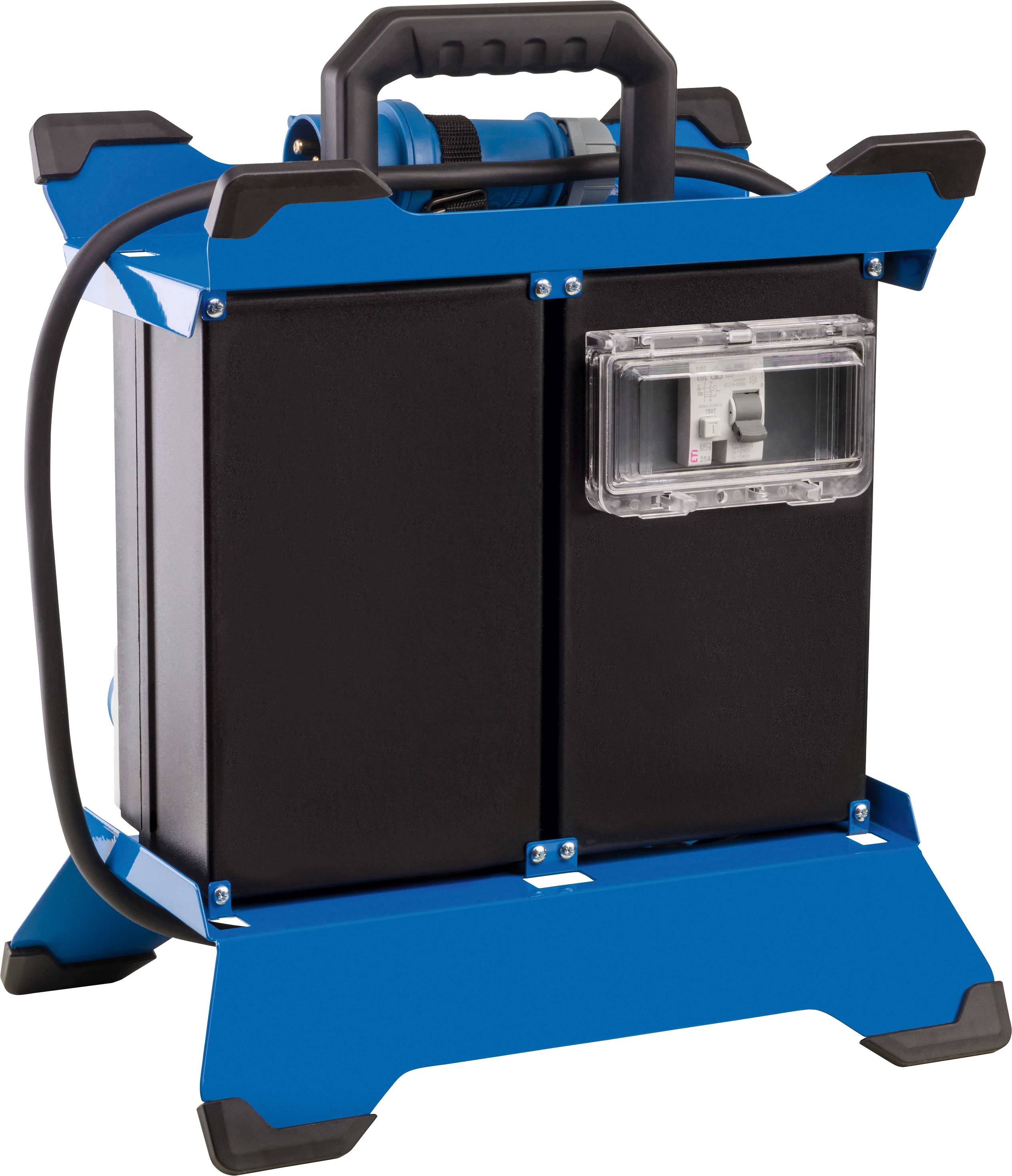 Blaues, tragbares Elektrogerät mit einem schwarzen Gehäuse und einem sichtbaren transparenten Schalter auf der Vorderseite.