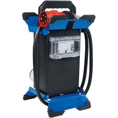 Elektrischer Baustellenverteiler mit mehreren Steckdosen und Schutzschalter, getragen von rutschfesten Standfüßen, ideal für Baustellen.