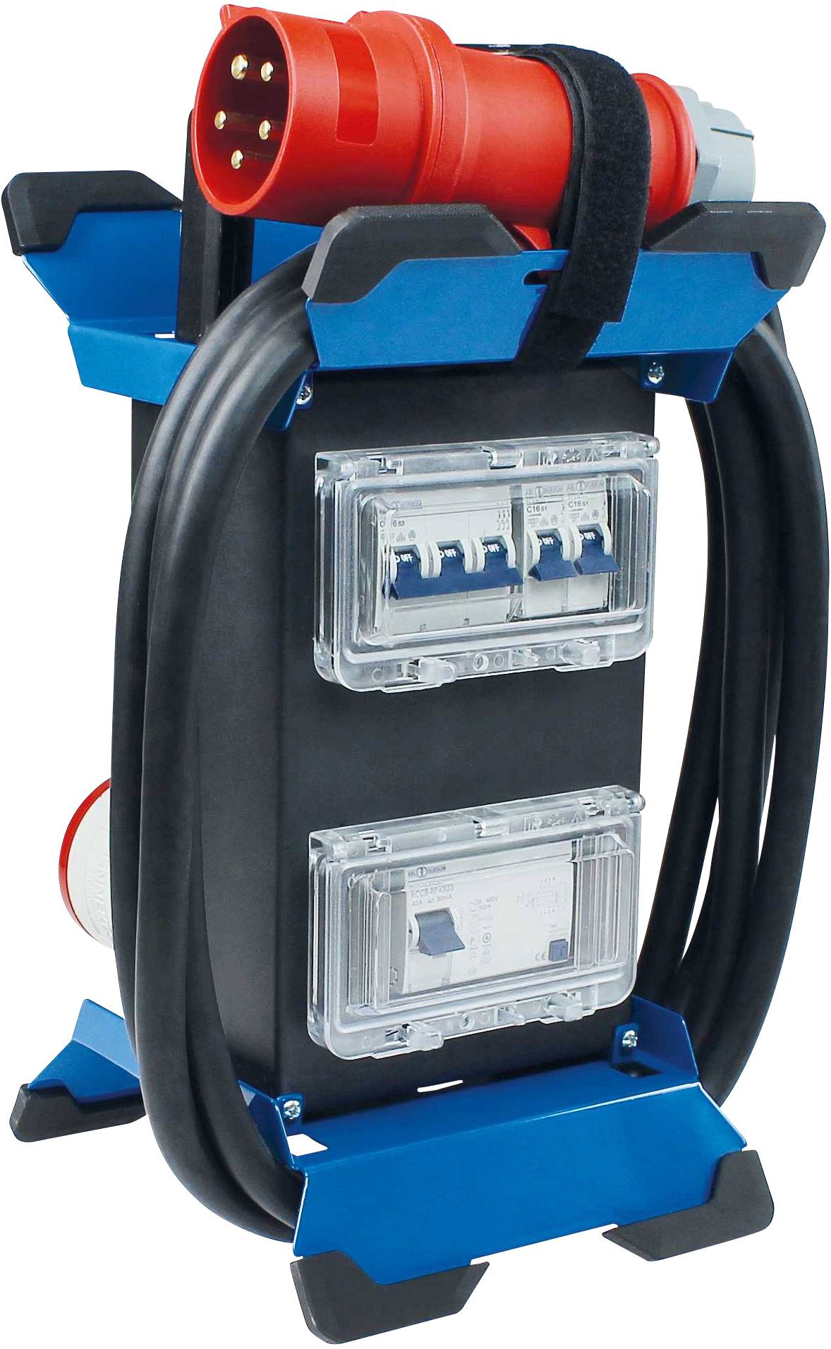 'Mobiler Stromverteiler mit blauen Stützwinkeln, rotem Stecker und zwei transparenten Schutzabdeckungen, umgeben von Kabeln.'