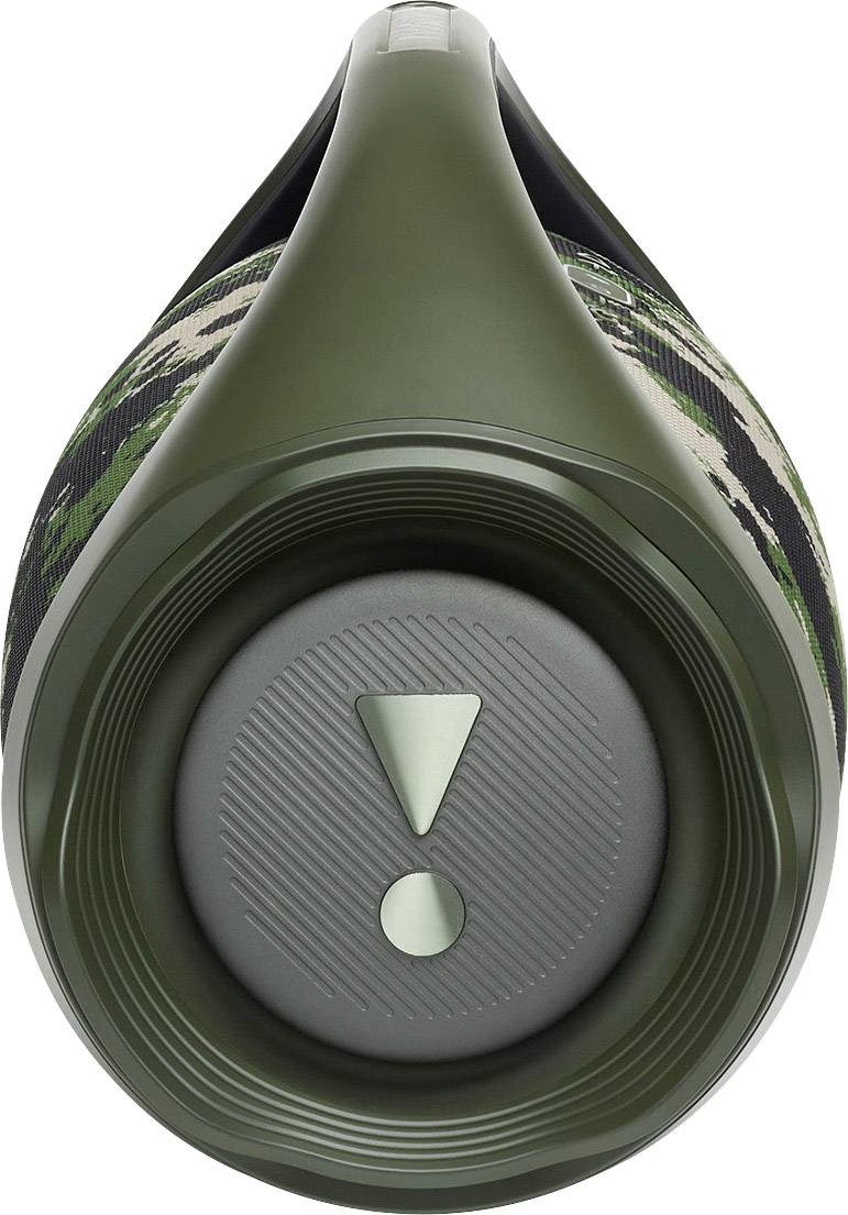 Tragbarer Lautsprecher mit Tarnmuster und ausdrucksstarkem Akzent auf der Unterseite, geeignet für Outdoor-Nutzung.