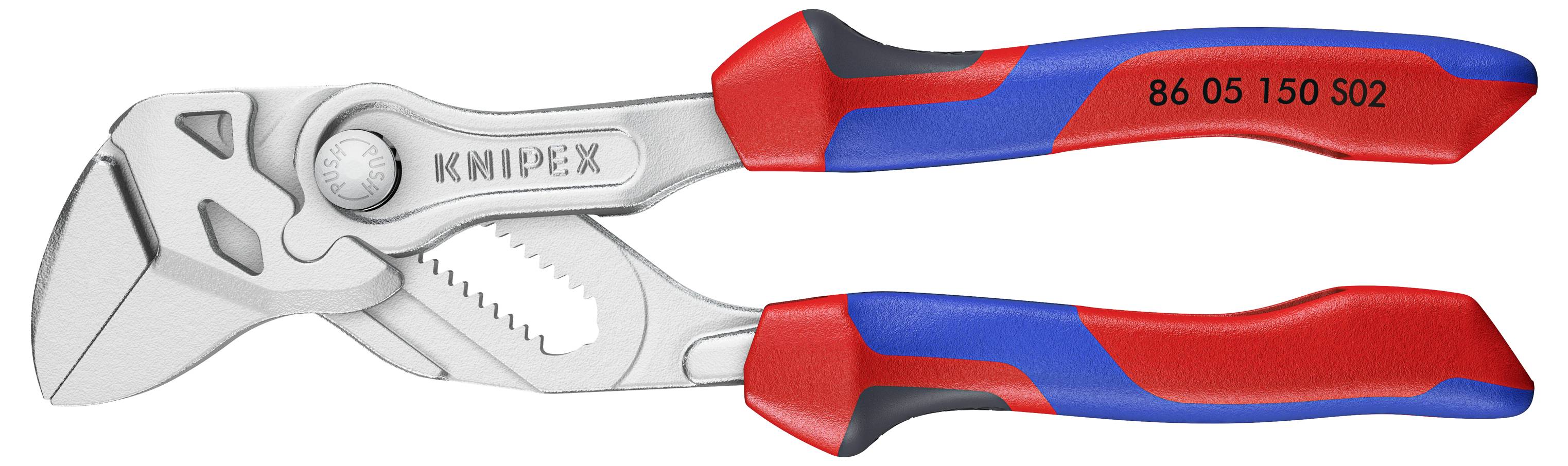 Rote und blaue Vielzackzange mit verstellbarem Griff, auf deren Metallseite 'Knipex' eingraviert ist. Die Zange verfügt über breite, flache Greifbacken und einen sichtbaren Verstellmechanismus.