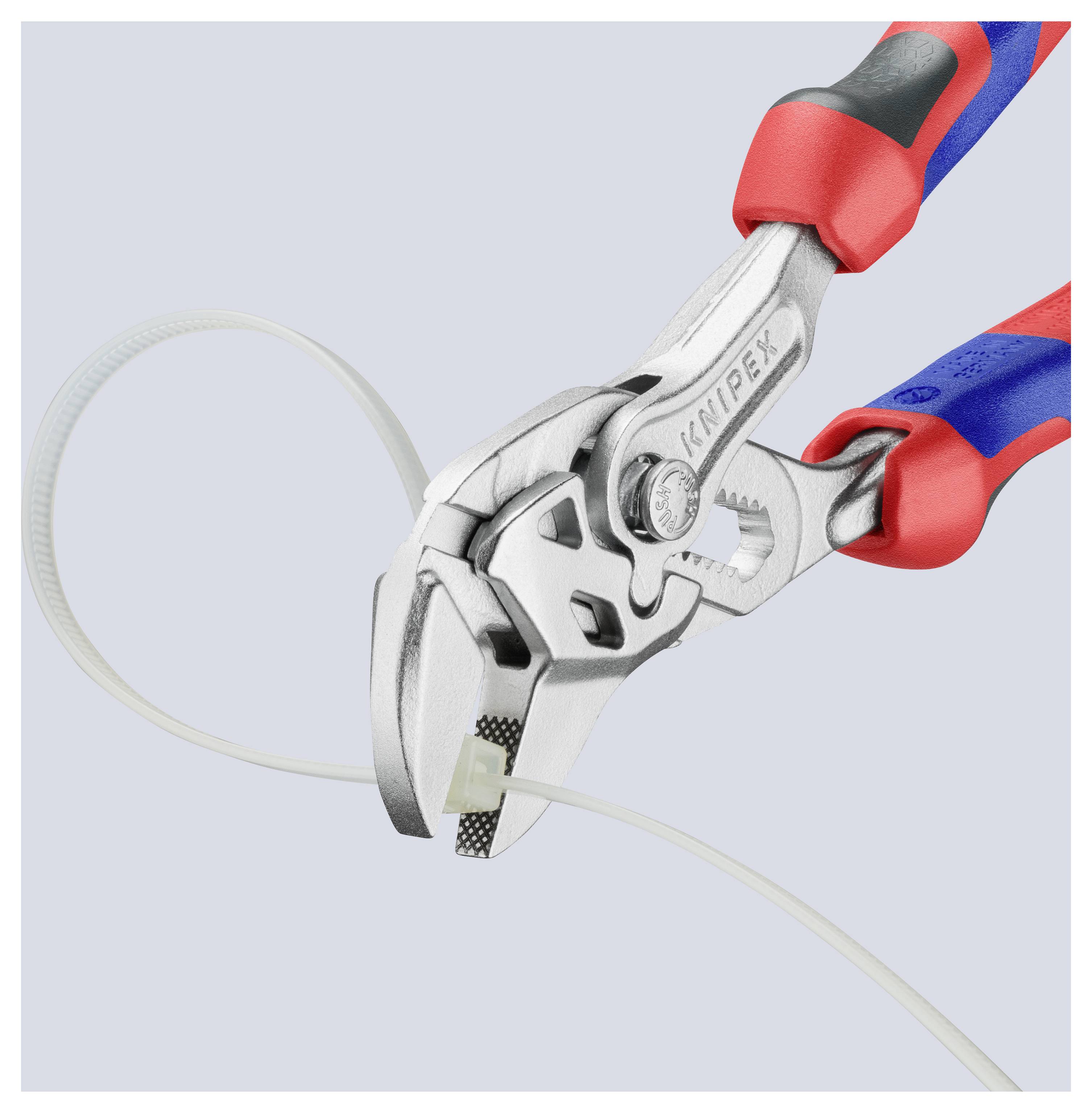 Einstellbare Zange, die eine Plastikbindeklemme durchtrennt und präzisen Griff und Schneidvermögen demonstriert.