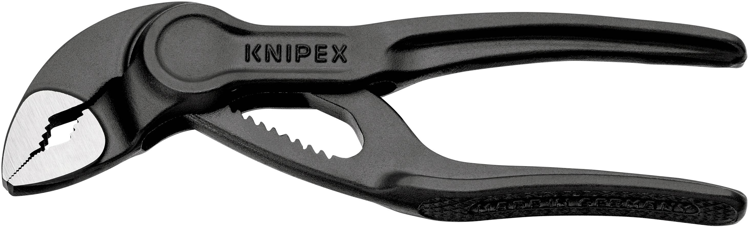 Schwarze KNIPEX-Zange mit geriffeltem Griff und geraden Backen, ideal zum Greifen und Halten von Werkstücken.