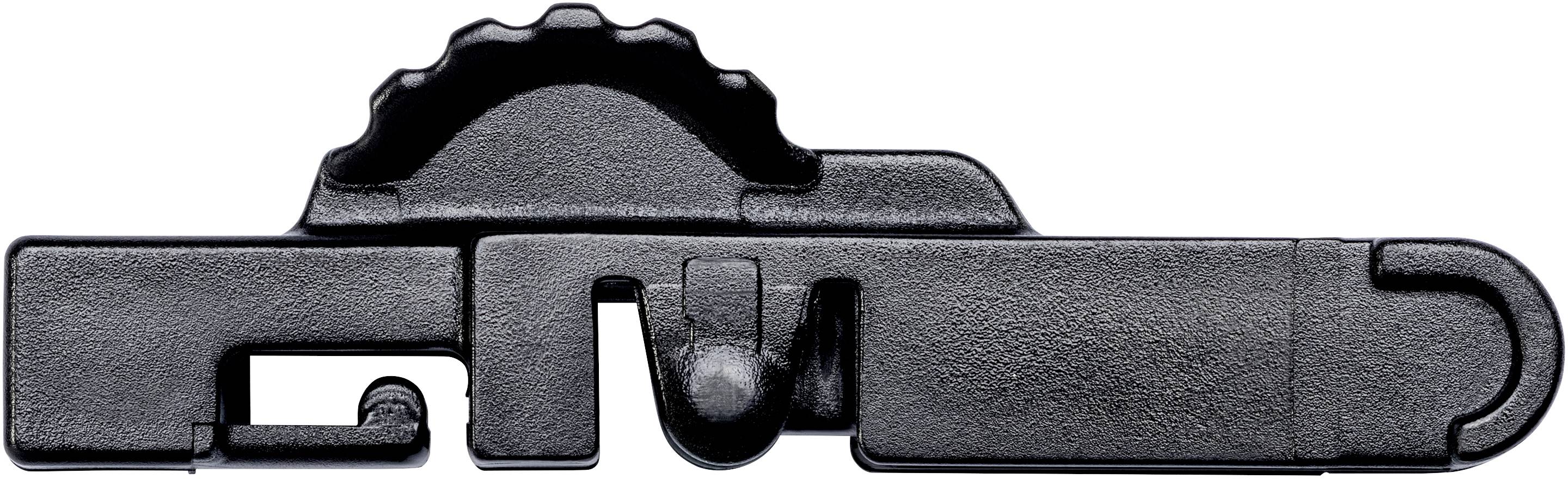 Ein schwarzer Kapselheber in Seitenansicht, kompakt und robust, mit einem gezackten Rad für den sicheren Halt.