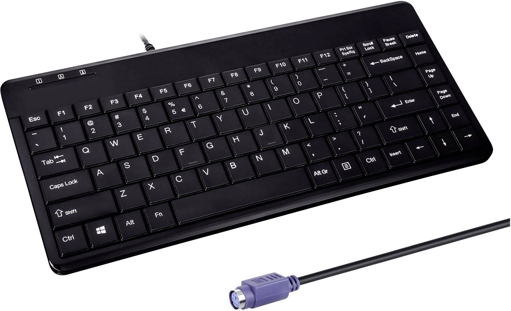Schwarze PC-Tastatur mit Kabel und rundem lila PS/2-Stecker. Enthält Standardtastenlayout mit Funktionstastenreihe oben.