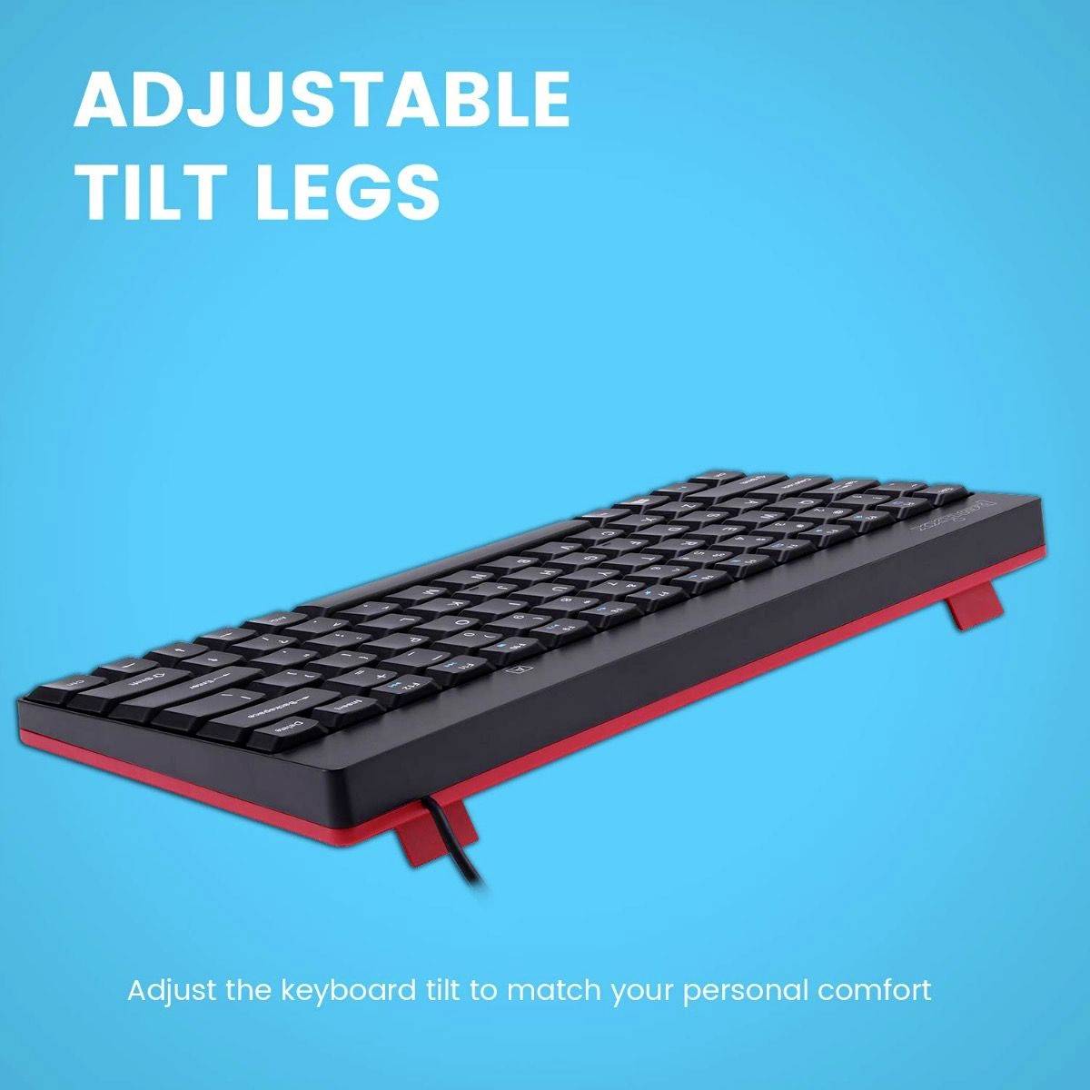 Die Abbildung zeigt eine Tastatur mit verstellbaren Neigungsfüßen auf blauem Hintergrund. Text: 'ADJUSTABLE TILT LEGS'.