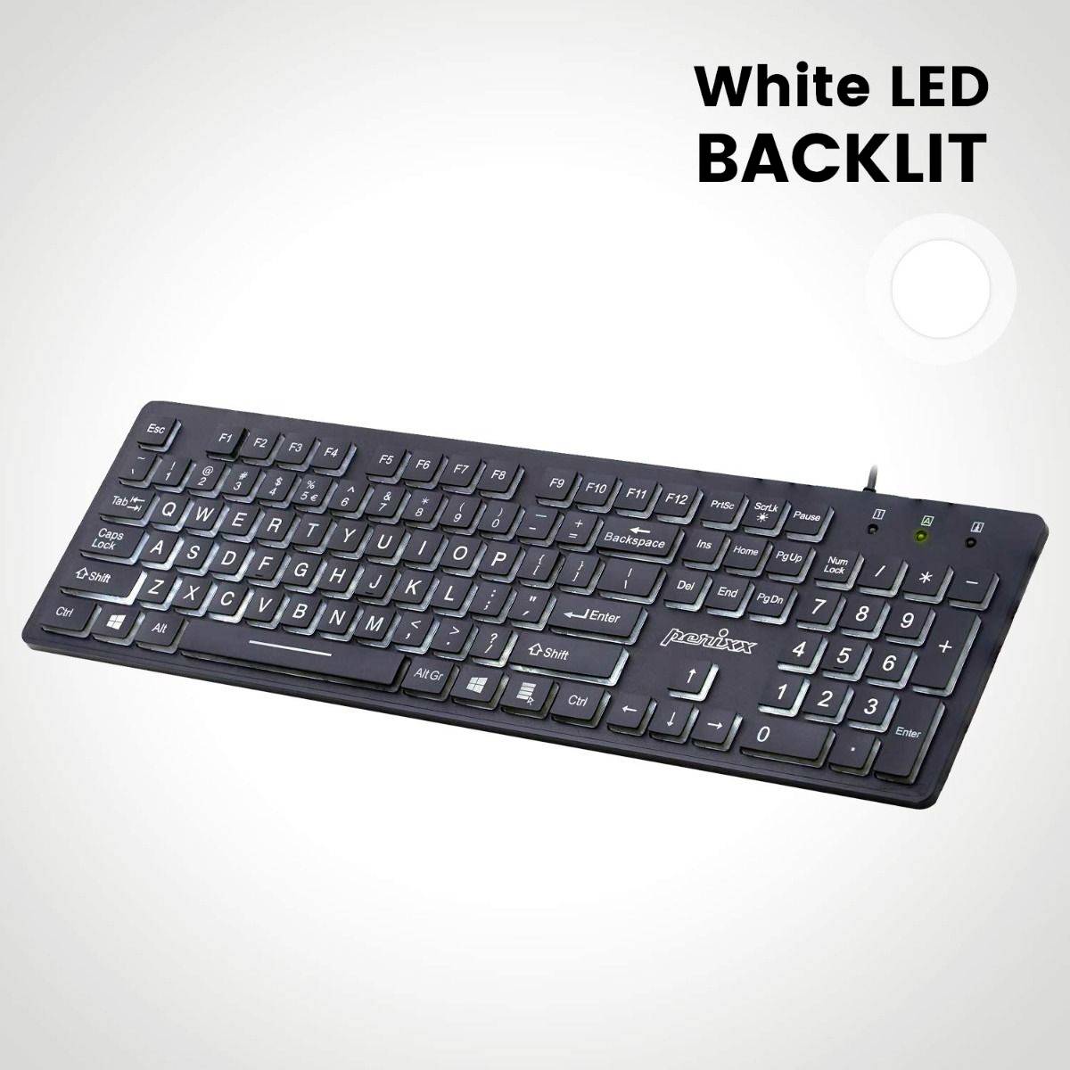 Schwarze Tastatur mit weißer LED-Hintergrundbeleuchtung. Große Tasten, klare Beschriftung. Design für bessere Sichtbarkeit bei Dunkelheit.