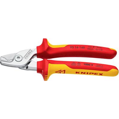 Eine rote und gelbe Knipex-Kabelschere mit isolierten Griffen, ausgelegt für Arbeiten bis 1000 V. Geeignet für Schneiden von Kupfer- und Aluminiumkabeln.