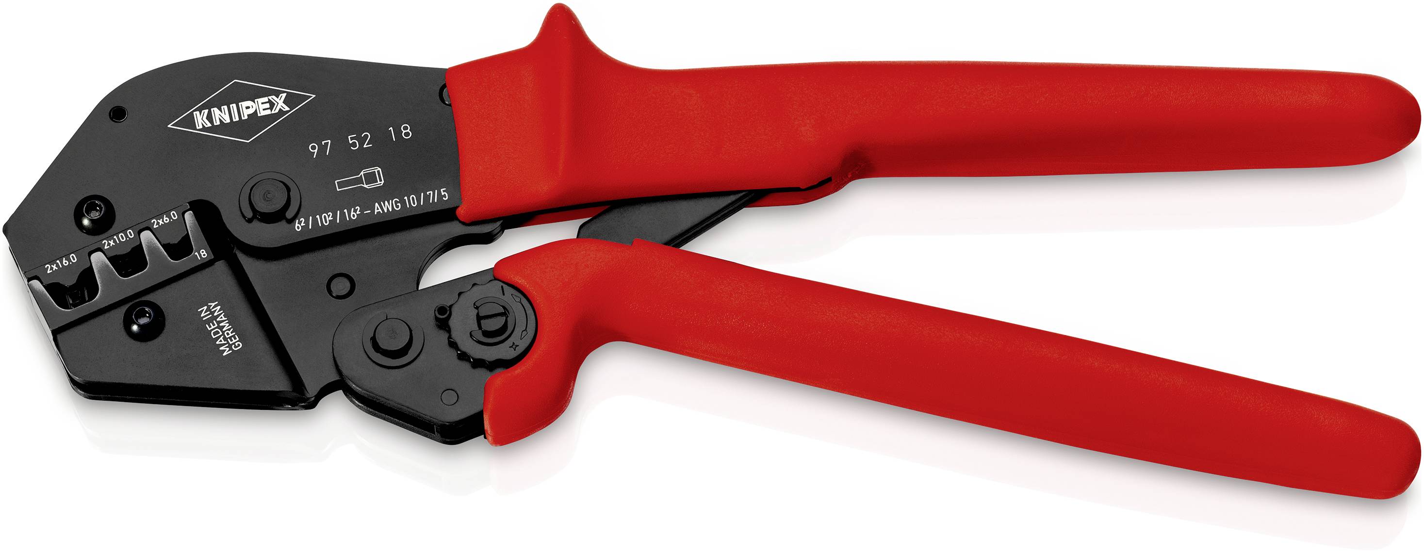 Eine rote Crimpzange mit schwarzem Kopf der Marke Knipex. Sie eignet sich zum Verpressen von Kabelschuhen, Verbinderstiften und ähnlichen Bauteilen.