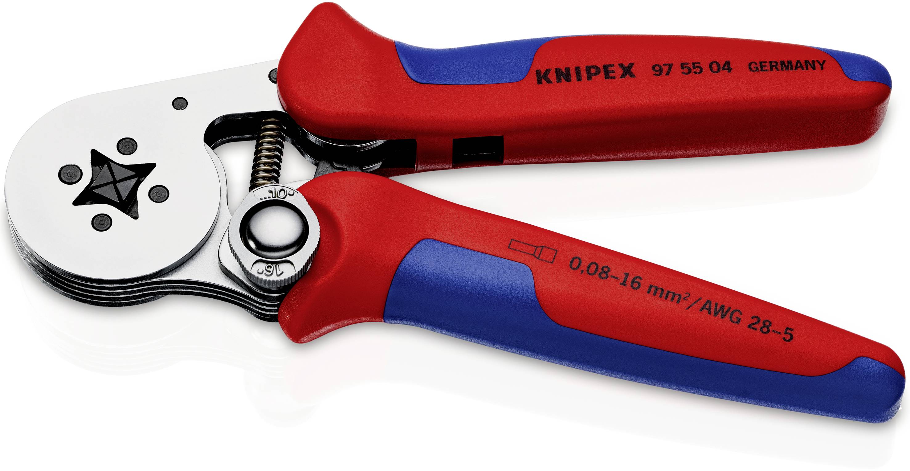 Eine rote und blaue Crimpzange von Knipex mit der Aufschrift '0,08-16 mm²/AWG 28-5'. Verwendet zum Vercrimpen von Kabeln.