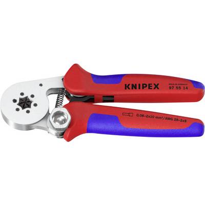 Rot-blauWerkzeug zum Quetschen von Knipex für elektrische Stecker, mit Modellnummer 97 55 14 und Angaben zu Drahtgrößen.