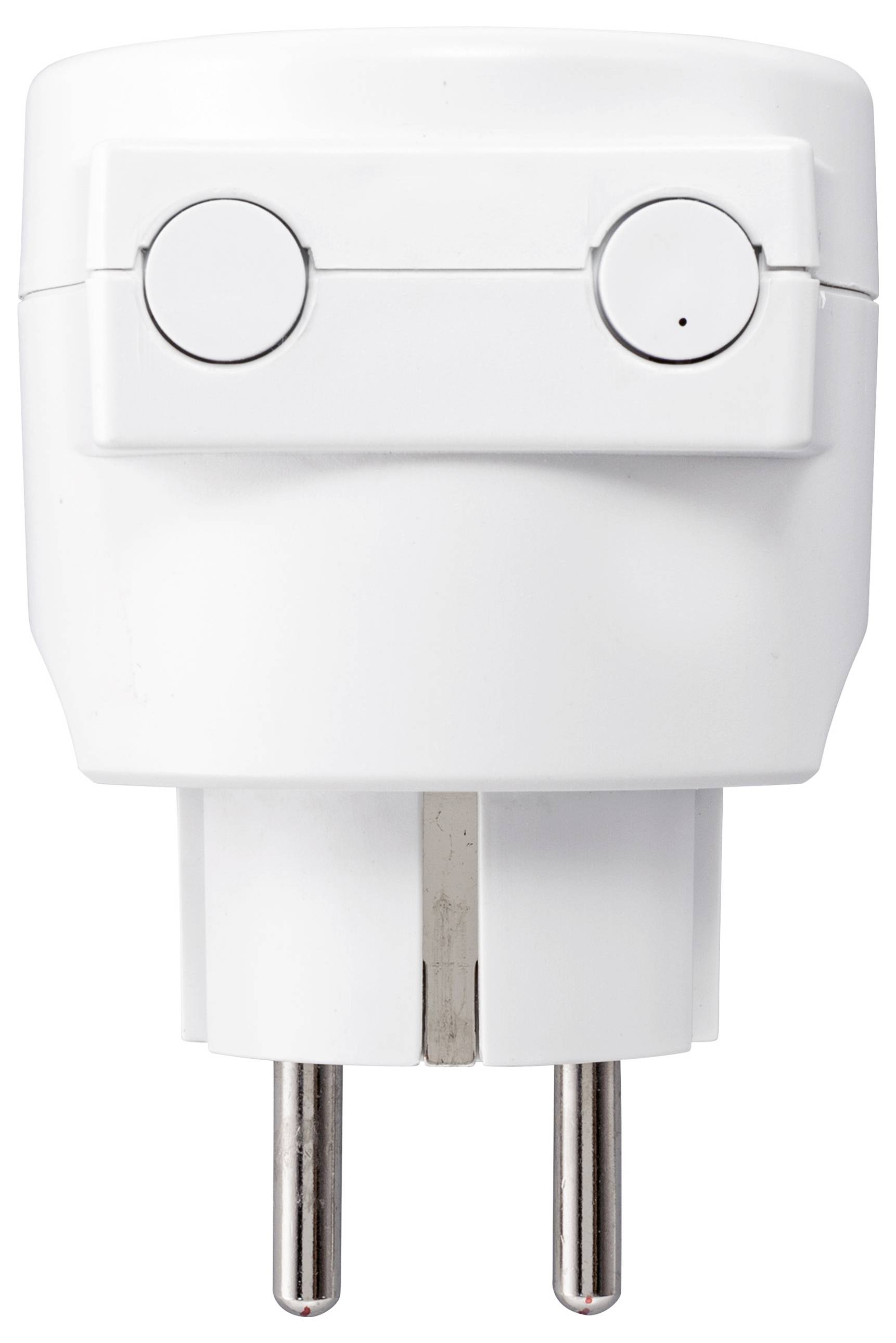 Weißer, runder Steckdosenadapter mit zwei runden Kontaktstiften. Entworfen zum Anschluss an verschiedene internationale Steckertypen.