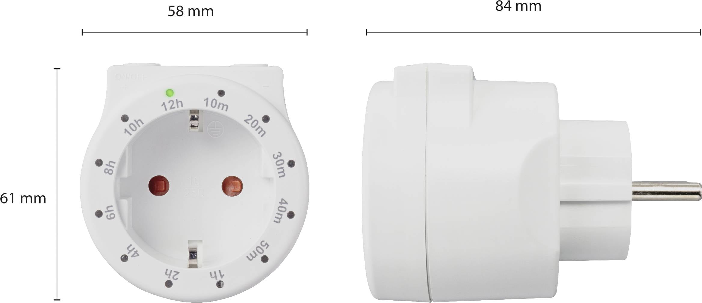 Elektrische Zeitschaltuhr-Steckdose mit seitlicher und frontaler Ansicht. Abmessungen: Breite 58 mm, Höhe 61 mm, Tiefe 84 mm.