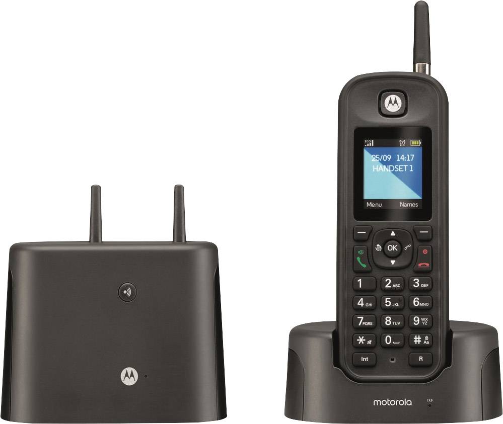 Schnurlostelefon von Motorola mit Basisstation. Das Telefon zeigt auf dem Display Datum, Uhrzeit und 'Handset 1'.