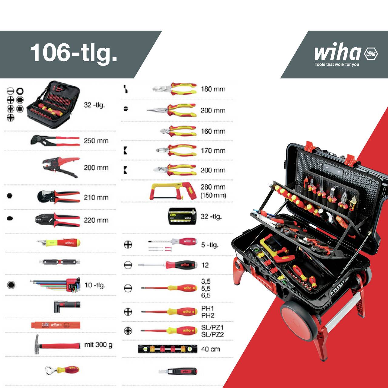 Ein 106-teiliges Werkzeug-Set von Wiha in einem offenen Koffer, das verschiedene Schraubendreher, Zangen und Werkzeuge zeigt.