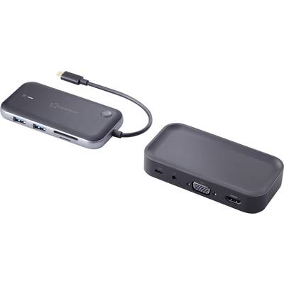 Ein USB-C-Hub mit HDMI, VGA, USB-Anschlüssen und einem integrierten Kabel. Geeignet für den Anschluss mehrerer Geräte an einen Laptop.