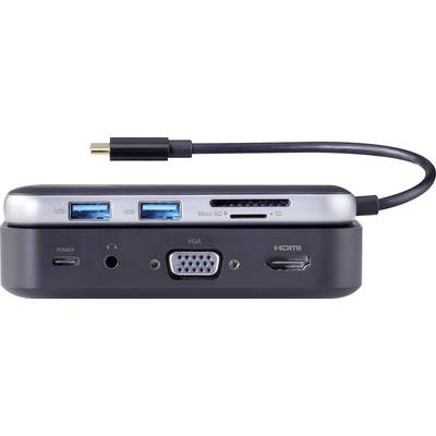 USB-C-Hub mit Anschlüssen: zwei USB 3.0, Micro SD, SD-Kartenleser oben; USB-C, Strom, VGA, HDMI unten.