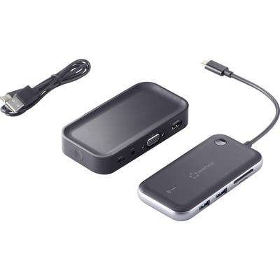 Eine schwarze Dockingstation mit mehreren Anschlüssen, darunter HDMI, USB-C, VGA und USB-Anschlüsse. Ein USB-Kabel liegt daneben.