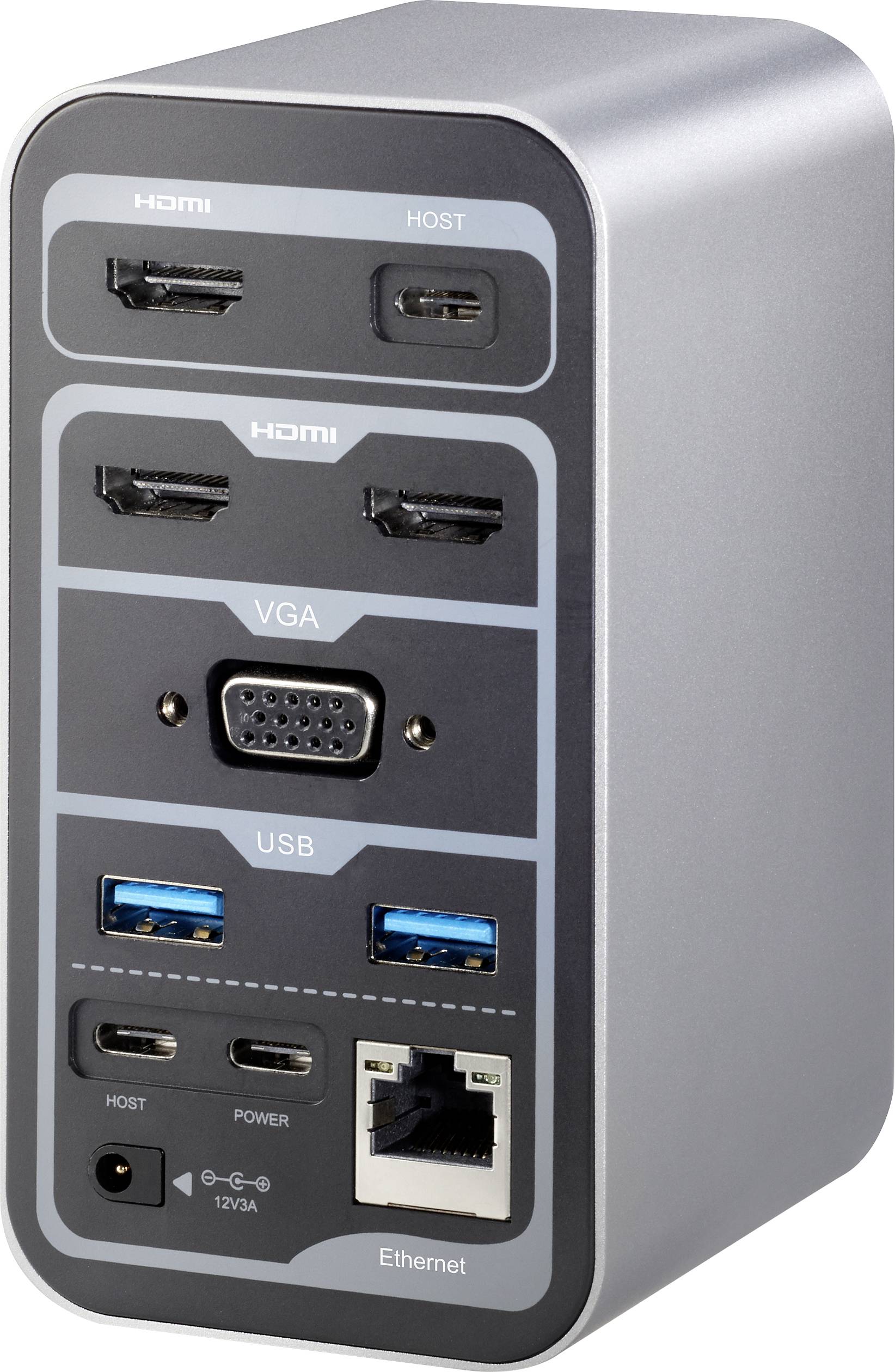 Ein silbernes Dockingstation-Gerät mit mehreren Anschlüssen: zwei HDMI, ein VGA, zwei USB, ein Ethernet, und Audioeingänge.