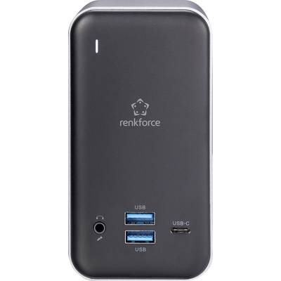 Schwarzer USB-Hub von Renkforce mit zwei USB-Anschlüssen, einem USB-C-Anschluss und einem Audioanschluss auf der Vorderseite.