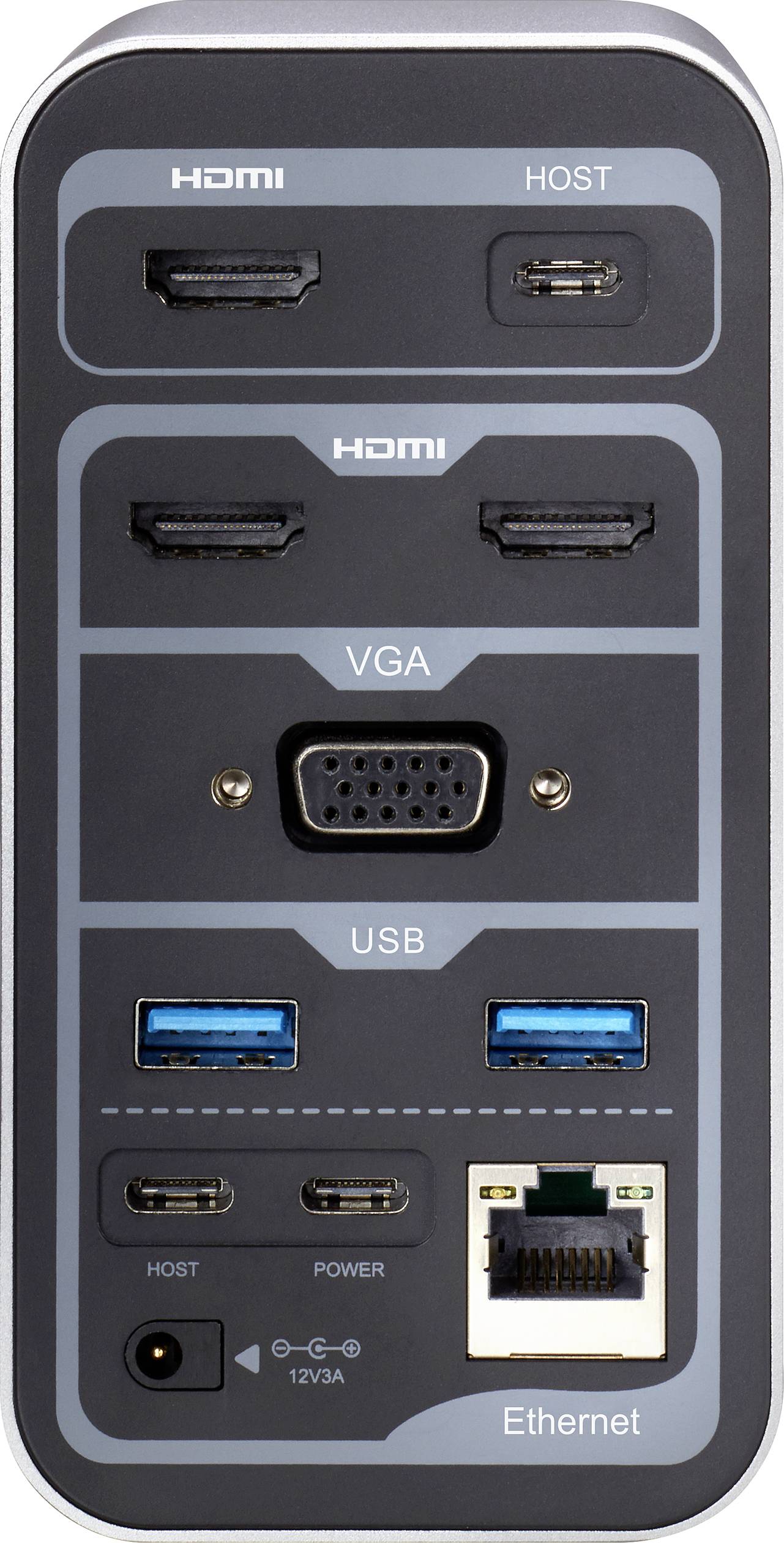 Ein Dockingstation-Bedienfeld mit HDMI-, VGA-, USB- und Ethernet-Anschlüssen für die Verbindung von Computern und Netzwerken.