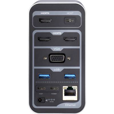 Ein Dockingstation-Bedienfeld mit HDMI-, VGA-, USB- und Ethernet-Anschlüssen für die Verbindung von Computern und Netzwerken.