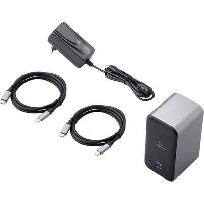 'Ladegerät mit Stecker, zwei USB-C-Kabeln und einem USB-Hub in grau mit zwei USB-C-Anschlüssen und einem USB-A-Anschluss.'