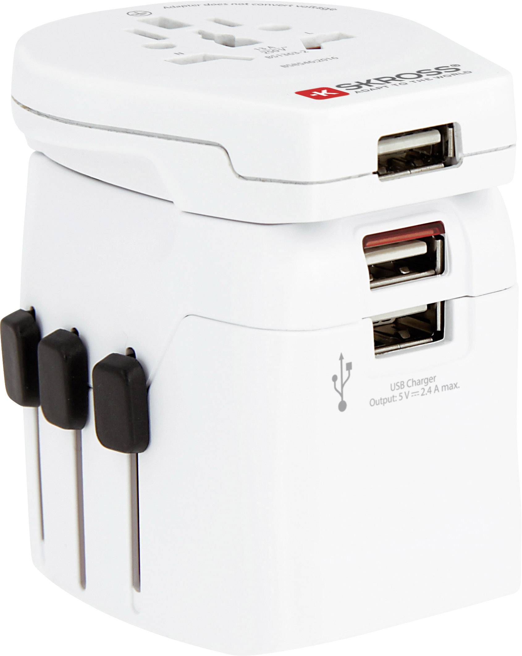 Reiseadapter mit USB-Anschlüssen und Schaltern. Kompatibel mit internationalen Steckerformaten. Geeignet für Reisen und Geräteaufladung.