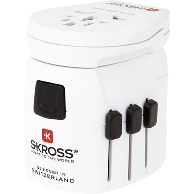 Weißer Universal-Reiseadapter von Skross, 'Designed in Switzerland', mit mehreren Steckdosen und Schiebereglertasten für verschiedene Länder.