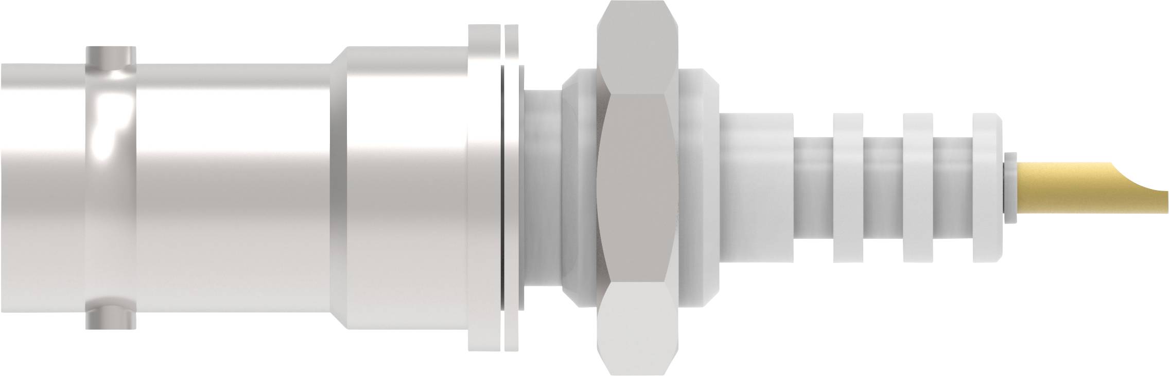 Nahaufnahme eines metallenen Steckverbinders mit mehreren Ringen und einer zentralen gelben Faser, die nach rechts zeigt.