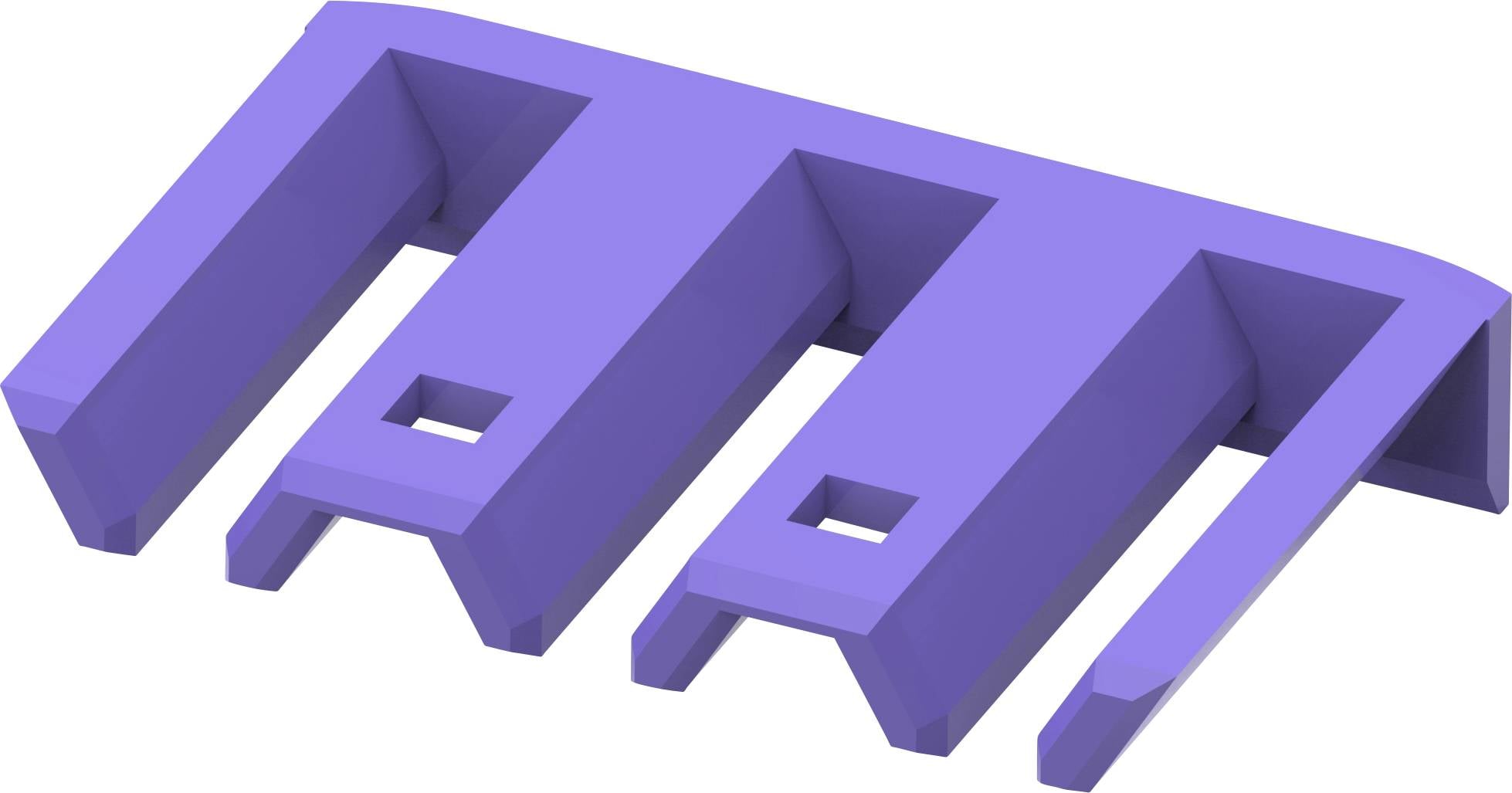 Ein lila, dreiteiliges Kunststoffstück mit rechteckigen Öffnungen, möglicherweise ein Bauteil oder Halterung.