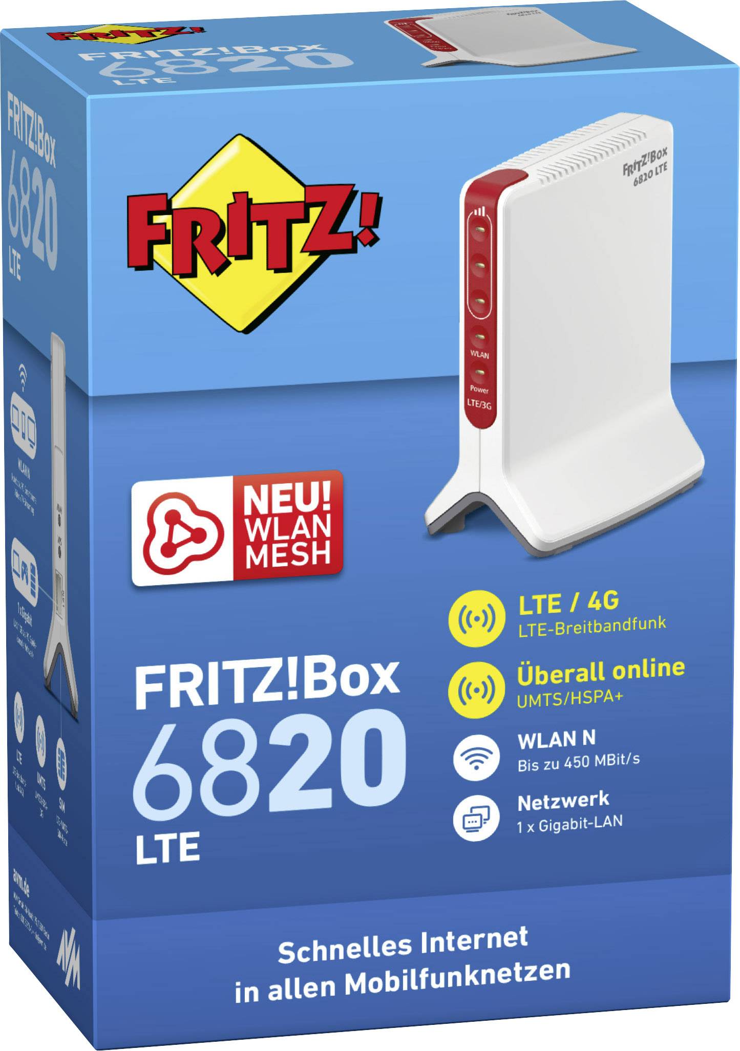 Verpackung der FRITZ!Box 6820 LTE, zeigt Router mit LTE/4G-Unterstützung, WLAN N bis zu 450 MBit/s, geeignet für Mobilfunknetze.