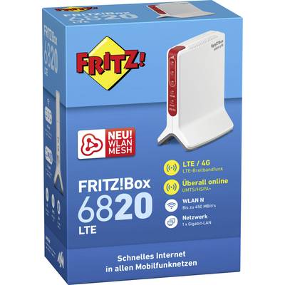 Verpackung der FRITZ!Box 6820 LTE, zeigt Router mit LTE/4G-Unterstützung, WLAN N bis zu 450 MBit/s, geeignet für Mobilfunknetze.