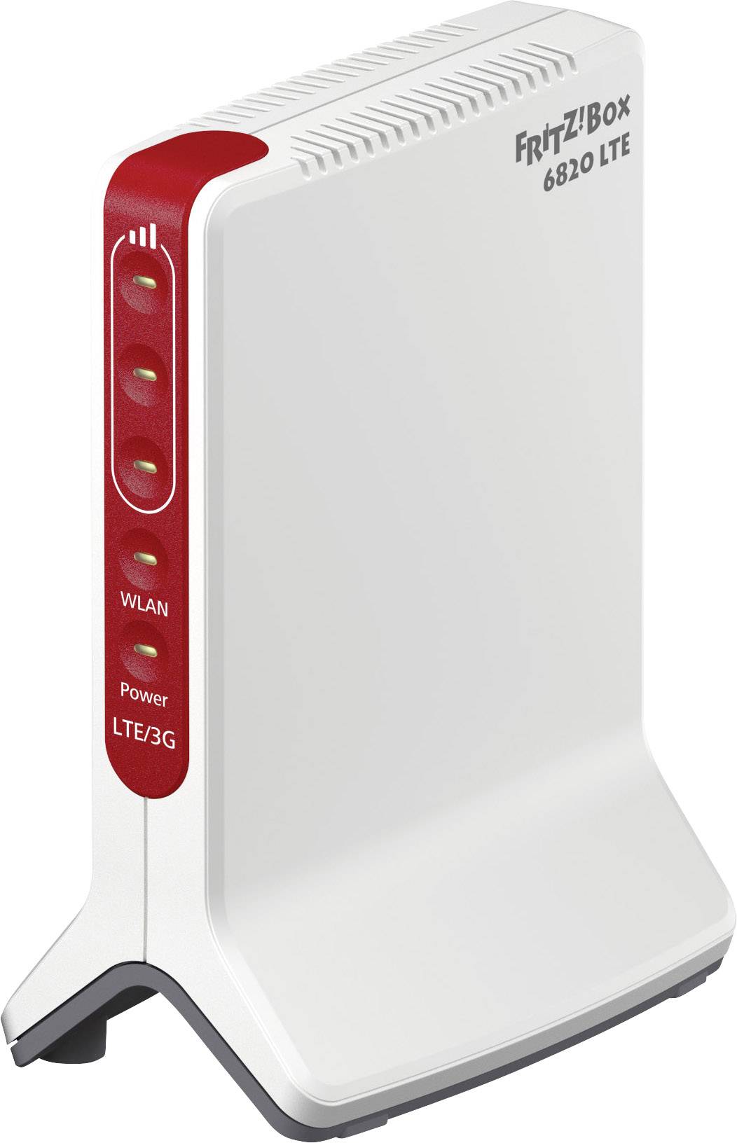 Ein weiß-rotes Routergerät mit der Aufschrift 'Fritz!Box 6820 LTE' und Leuchtanzeigen für WLAN, Power und LTE/3G an der Front.