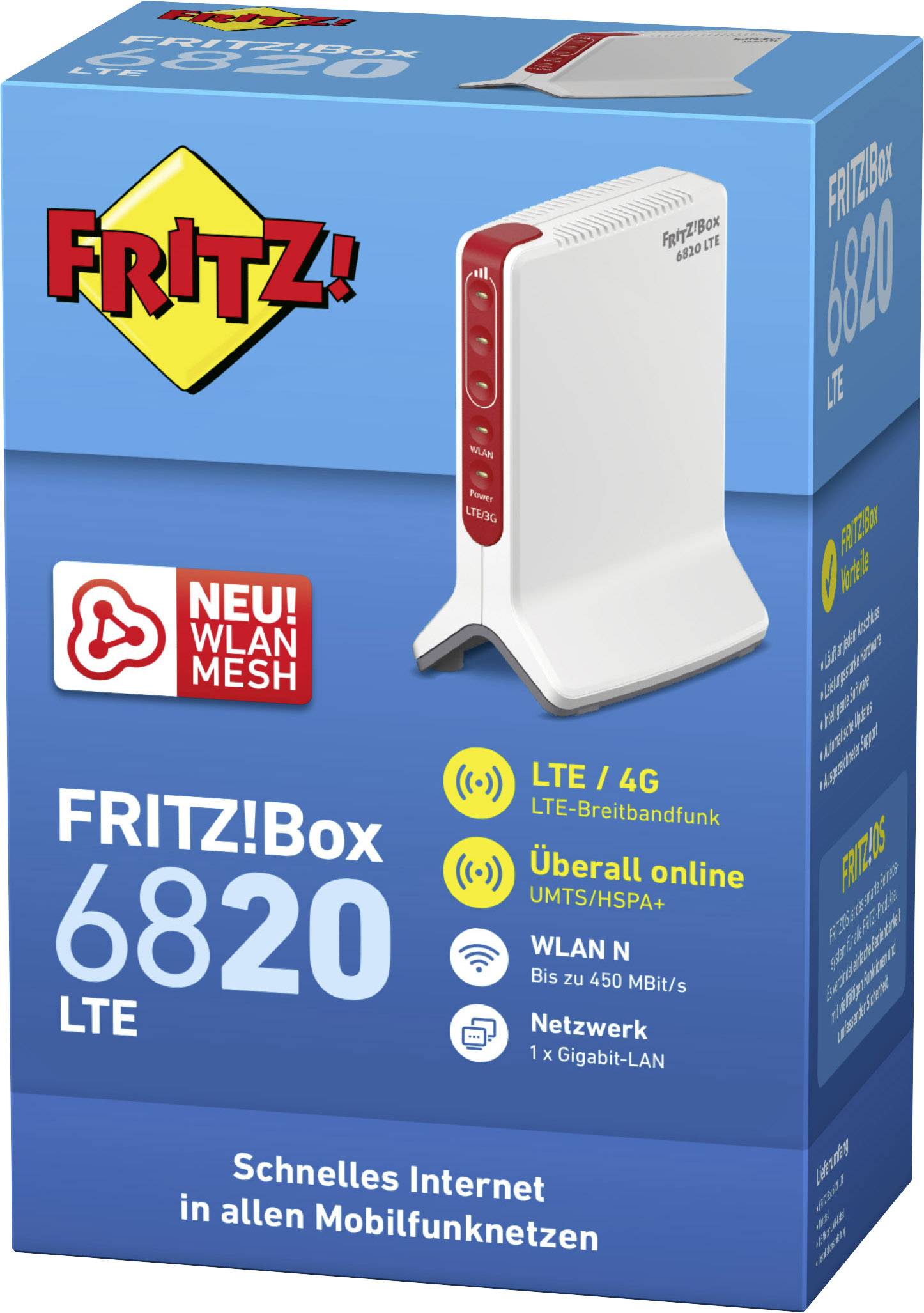 Eine Fritz!Box 6820 LTE Verpackung mit LTE-/4G-Funktionalität für schnelles Internet in Mobilfunknetzen und WLAN-Mesh.