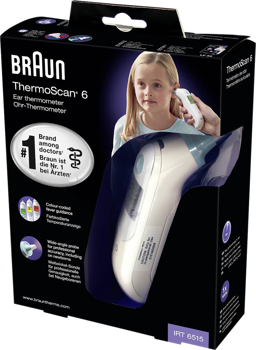 Verpackung eines Braun ThermoScan 6 Ohr-Thermometers. Zeigt ein Kind bei der Nutzung. Text: 'Nr. 1 bei Ärzten'. Enthält Produktdetails.