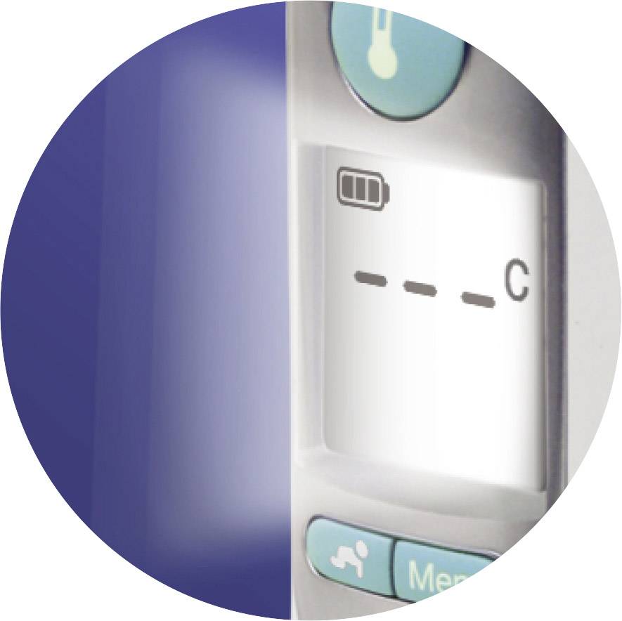 Thermometer-Display zeigt niedrigen Batteriestand mit gestrichelten Linien an, Hintergrund verschwommen.